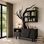 Tree Sideboard with Wall Bookshelf, Solid Wood Storage Cabinet with Sculpted Branches and Wave Door Fronts