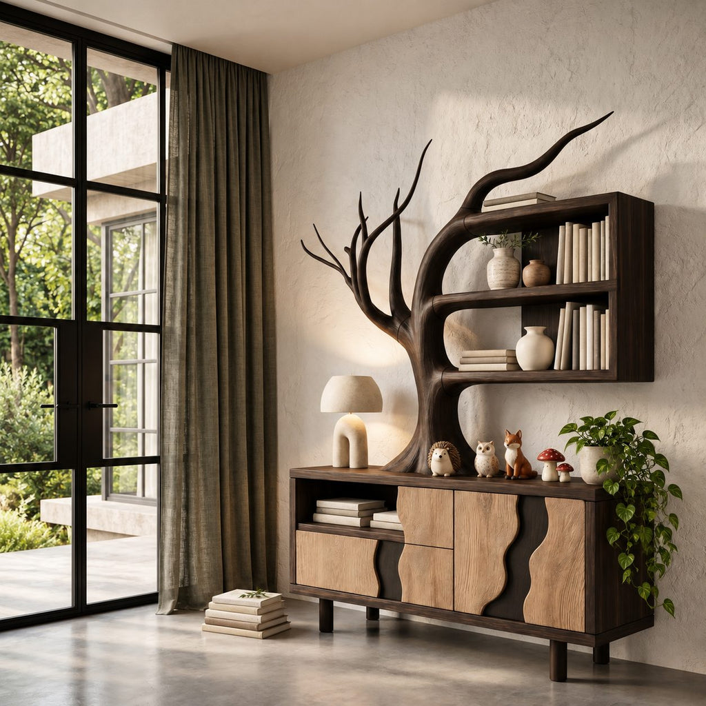 Tree Sideboard with Wall Bookshelf, Solid Wood Storage Cabinet with Sculpted Branches and Wave Door Fronts