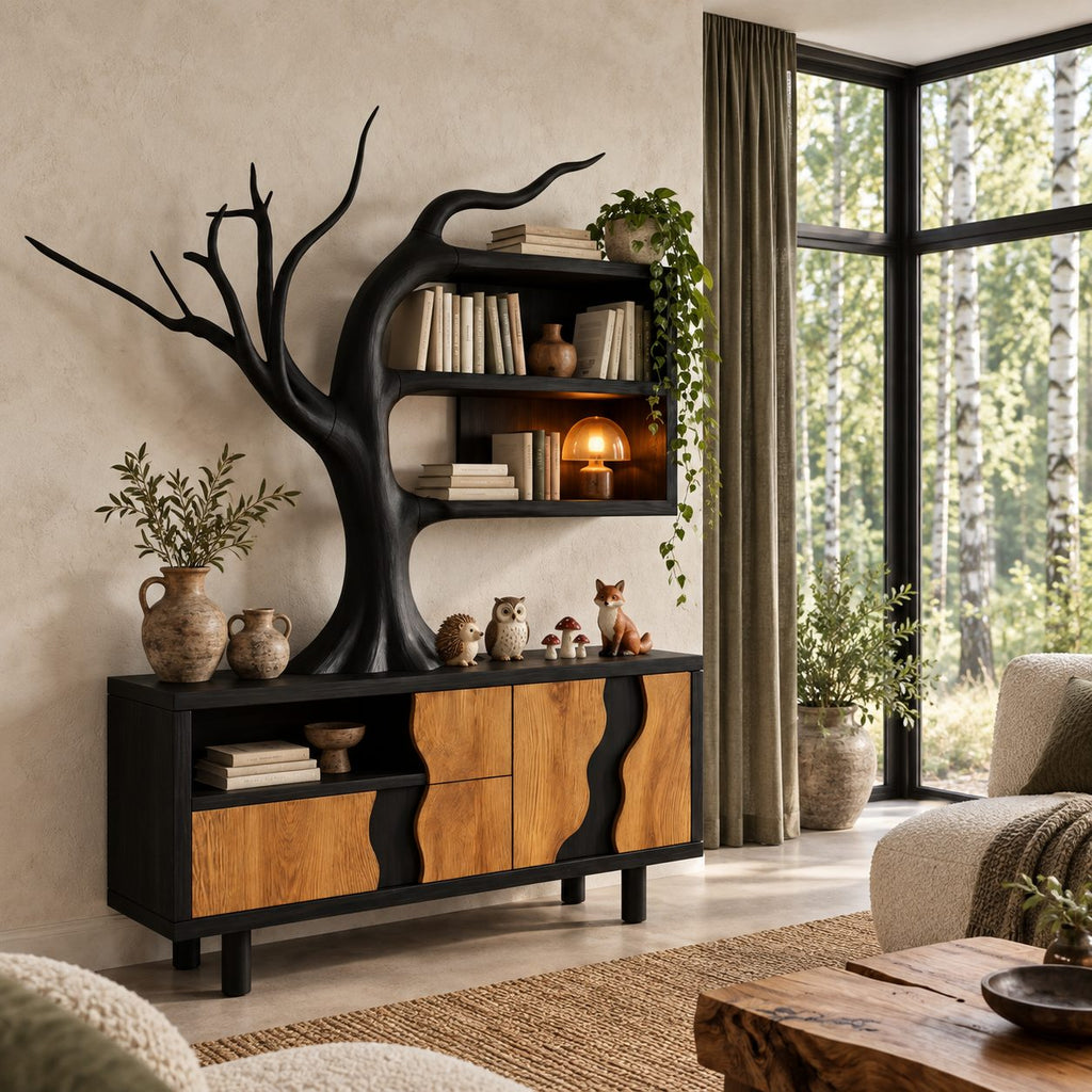 Tree Sideboard with Wall Bookshelf, Solid Wood Storage Cabinet with Sculpted Branches and Wave Door Fronts