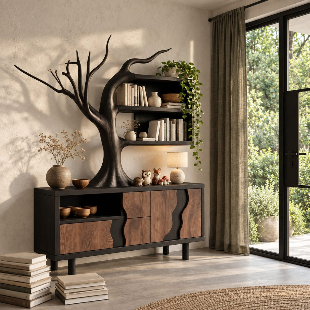 Tree Sideboard with Wall Bookshelf, Solid Wood Storage Cabinet with Sculpted Branches and Wave Door Fronts