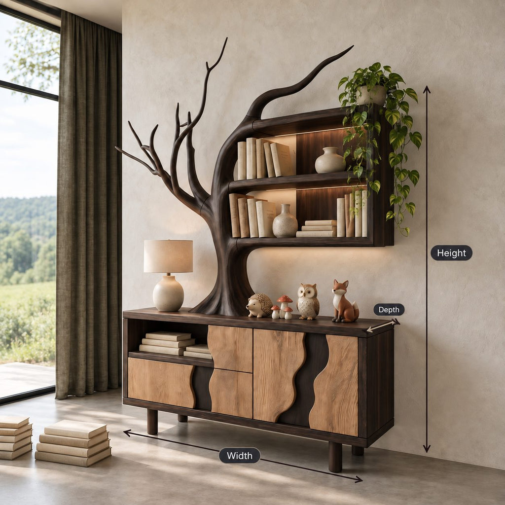 Tree Sideboard with Wall Bookshelf, Solid Wood Storage Cabinet with Sculpted Branches and Wave Door Fronts