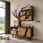 Tree Sideboard with Wall Bookshelf, Solid Wood Storage Cabinet with Sculpted Branches and Wave Door Fronts