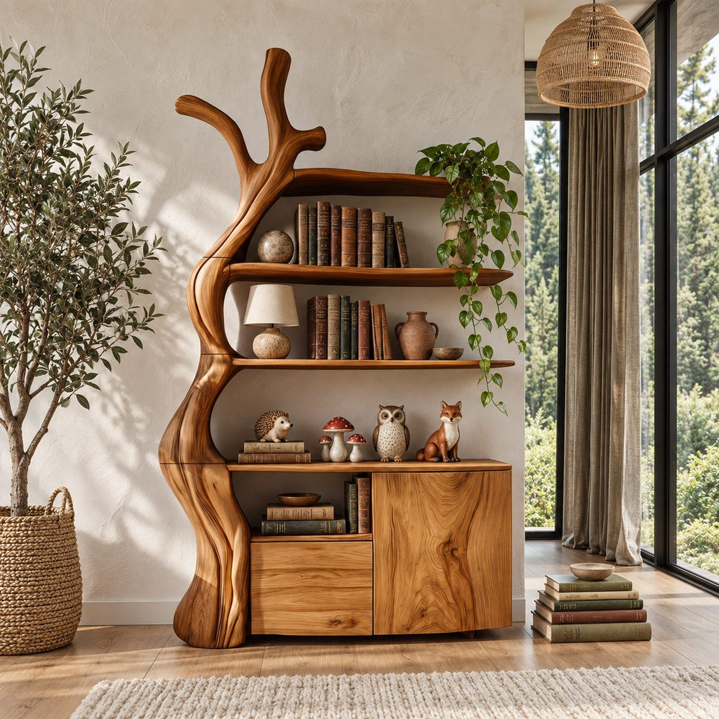 Tree Trunk Display Cabinet, Solid Wood Bookshelf Cabinet with Floating Branch Shelves and Low Storage Base