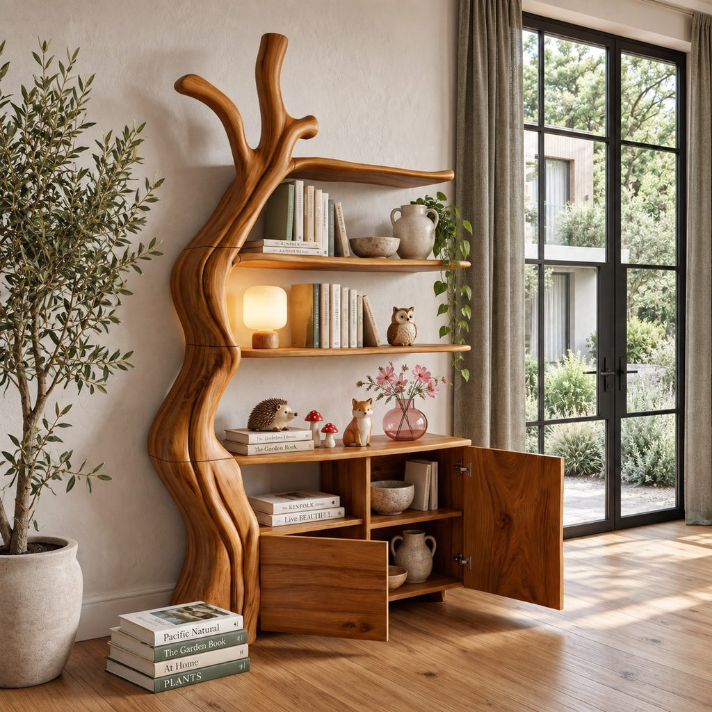 Tree Trunk Display Cabinet, Solid Wood Bookshelf Cabinet with Floating Branch Shelves and Low Storage Base