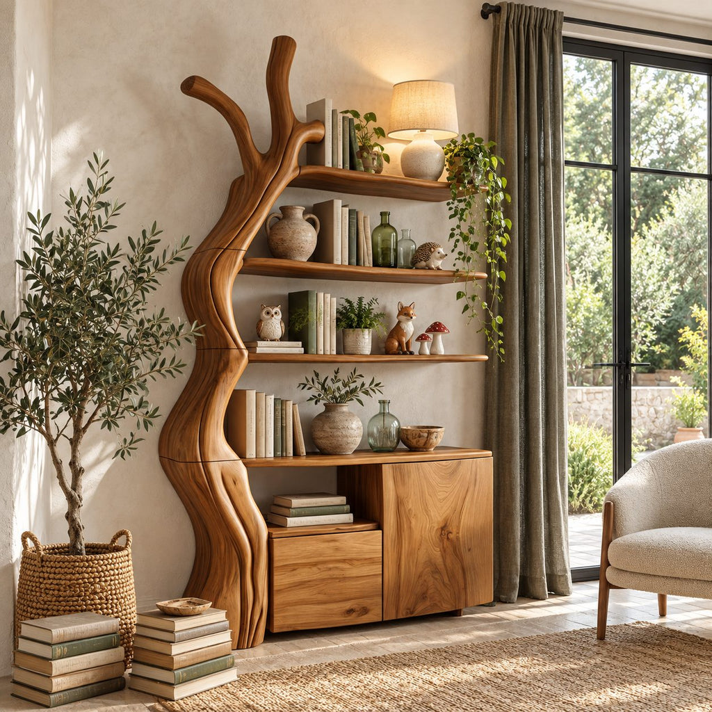 Tree Trunk Display Cabinet, Solid Wood Bookshelf Cabinet with Floating Branch Shelves and Low Storage Base