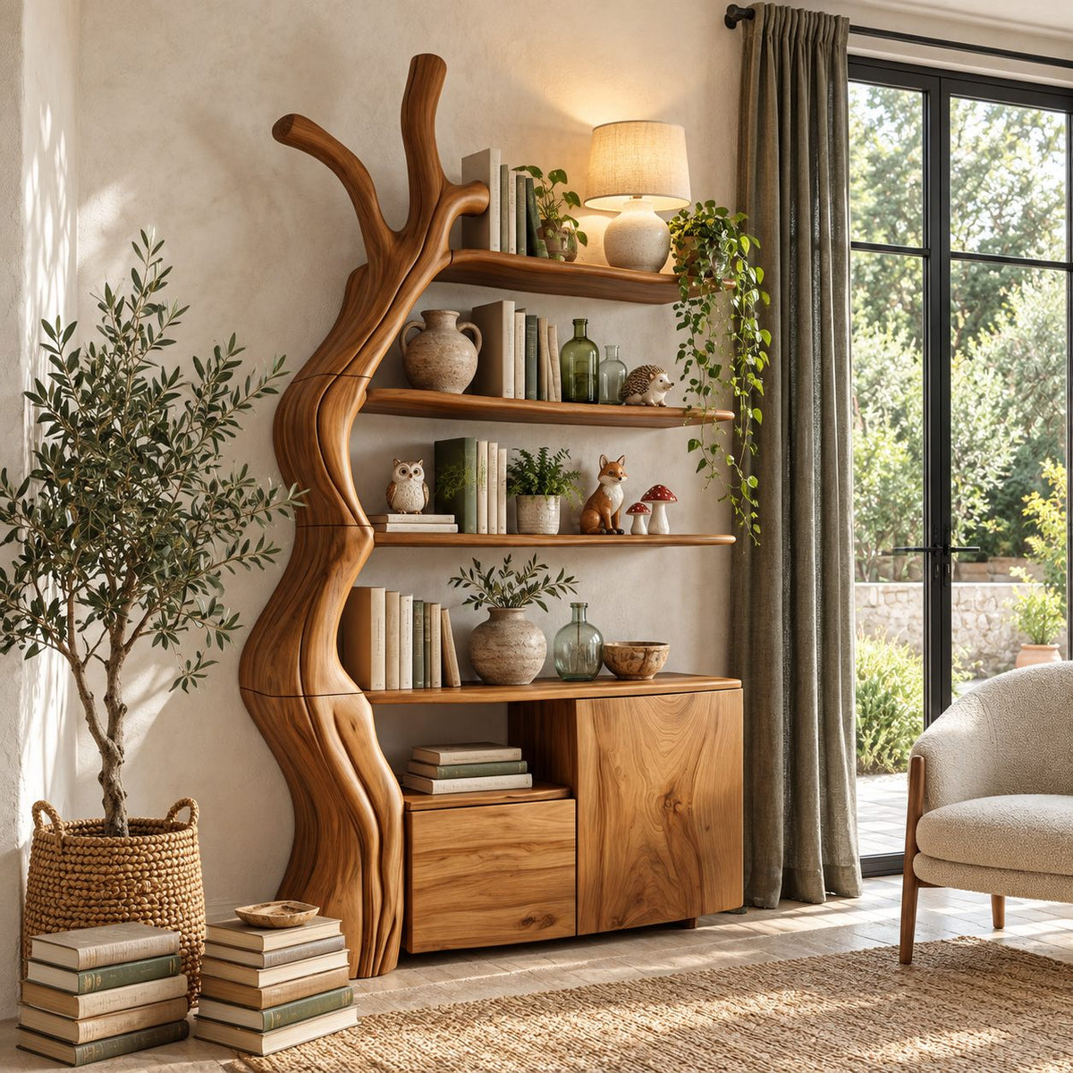 Tree Trunk Display Cabinet, Solid Wood Bookshelf Cabinet with Floating Branch Shelves and Low Storage Base