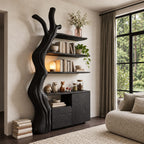 Tree Trunk Display Cabinet, Solid Wood Bookshelf Cabinet with Floating Branch Shelves and Low Storage Base