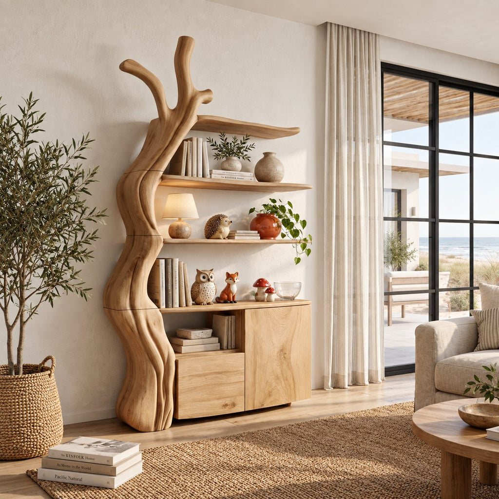 Tree Trunk Display Cabinet, Solid Wood Bookshelf Cabinet with Floating Branch Shelves and Low Storage Base