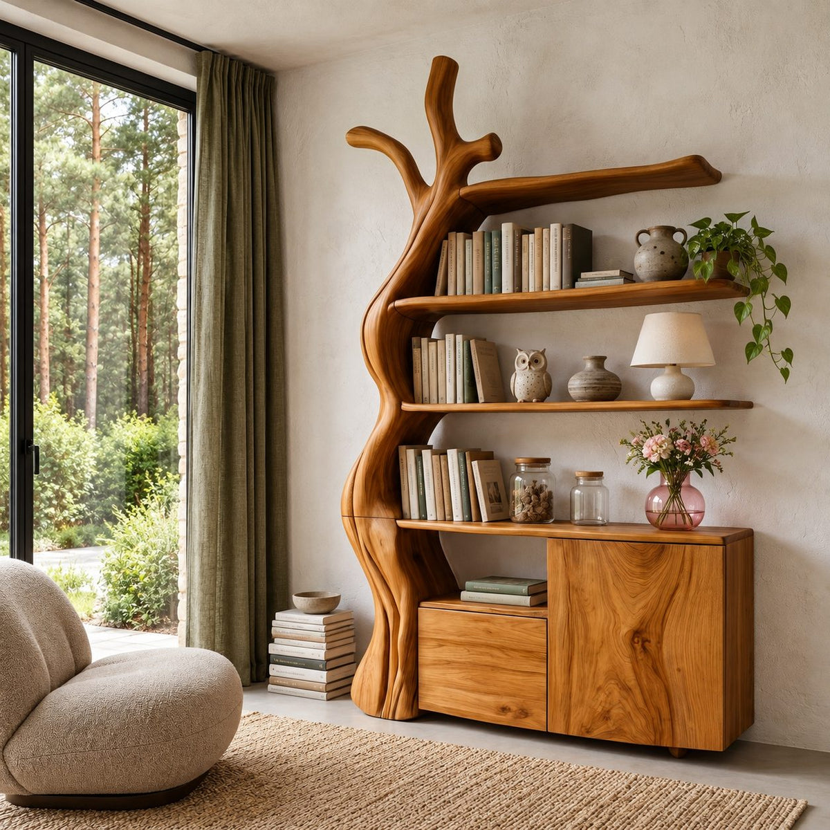 Tree Trunk Display Cabinet, Solid Wood Bookshelf Cabinet with Floating Branch Shelves and Low Storage Base