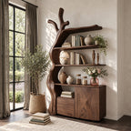 Tree Trunk Display Cabinet, Solid Wood Bookshelf Cabinet with Floating Branch Shelves and Low Storage Base