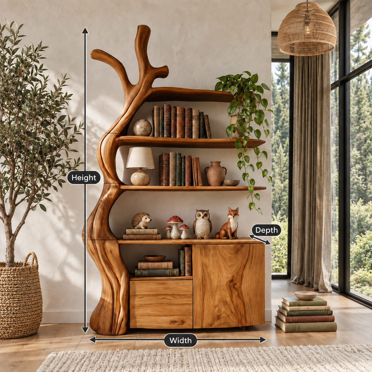 Tree Trunk Display Cabinet, Solid Wood Bookshelf Cabinet with Floating Branch Shelves and Low Storage Base