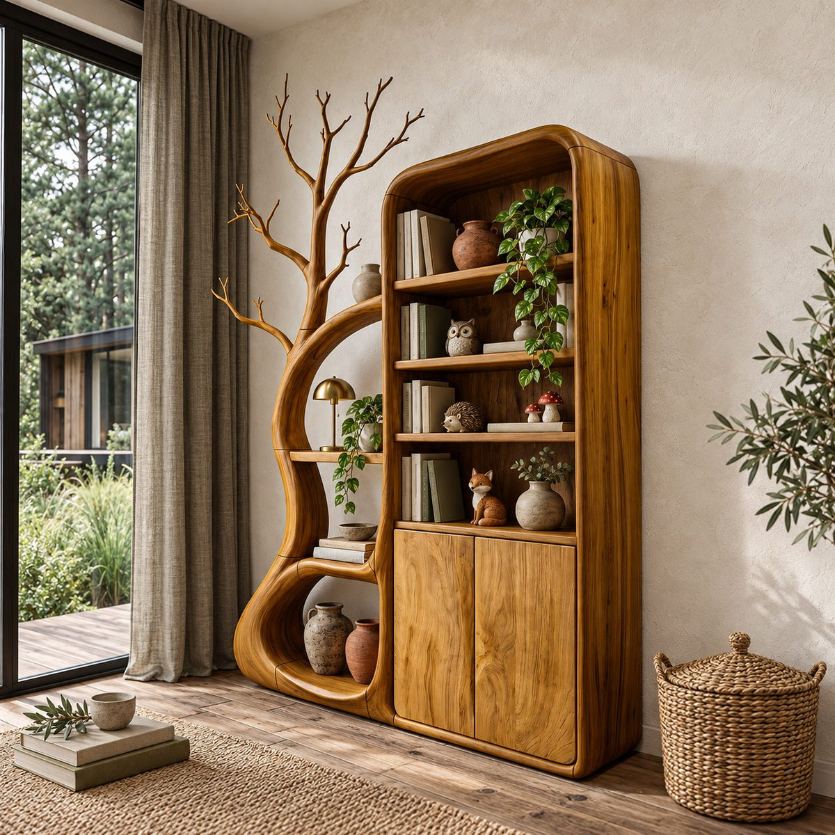 Rounded Bookcase Cabinet with Tree Branch Shelving, Tall Solid Wood Two-Door Storage for Reading Room
