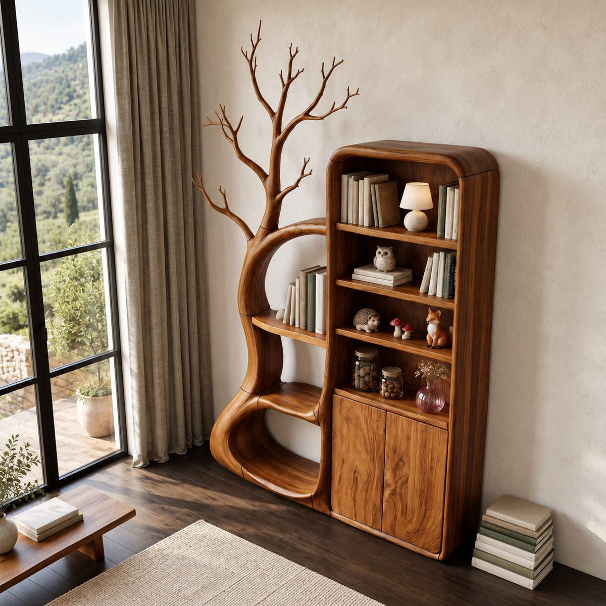 Rounded Bookcase Cabinet with Tree Branch Shelving, Tall Solid Wood Two-Door Storage for Reading Room