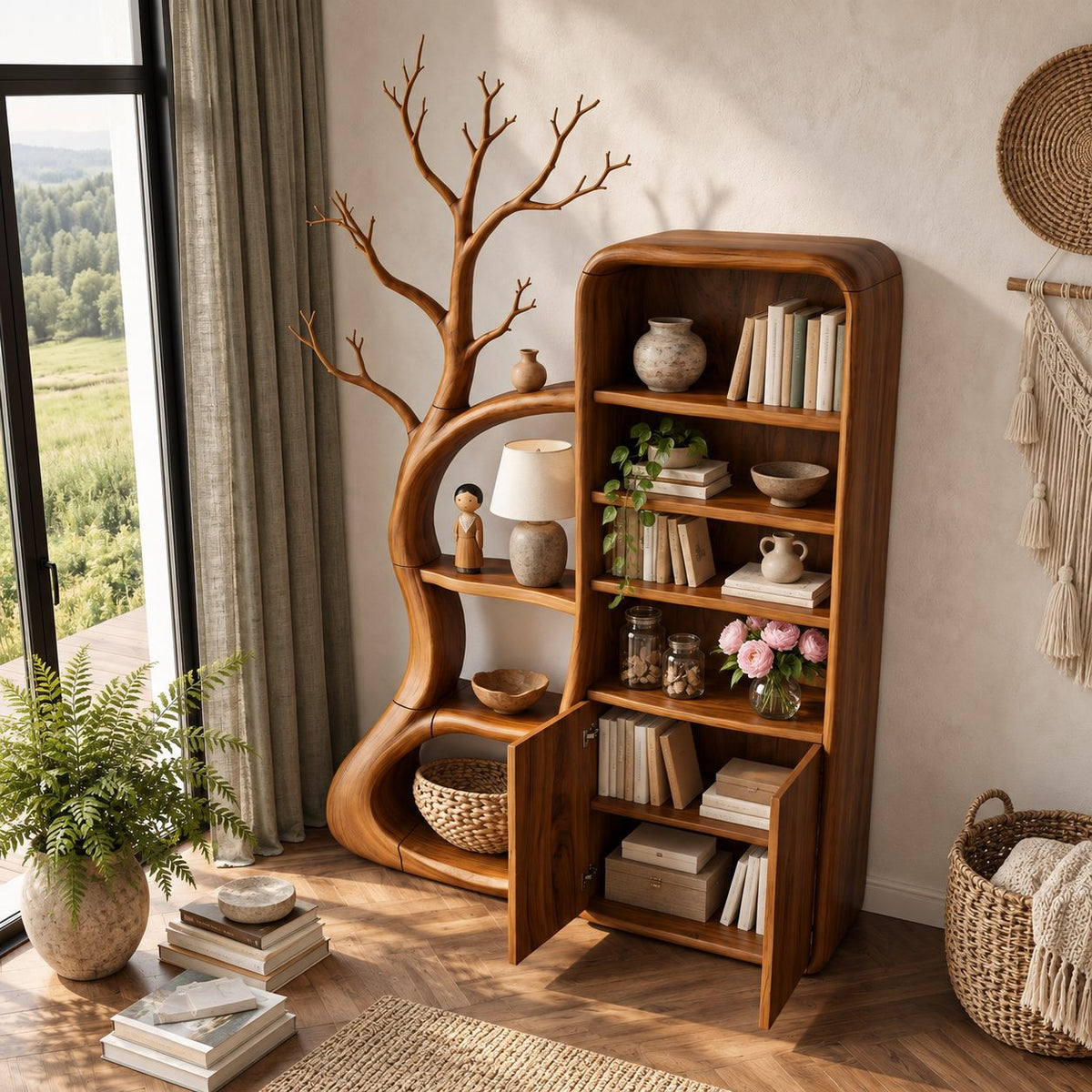 Rounded Bookcase Cabinet with Tree Branch Shelving, Tall Solid Wood Two-Door Storage for Reading Room
