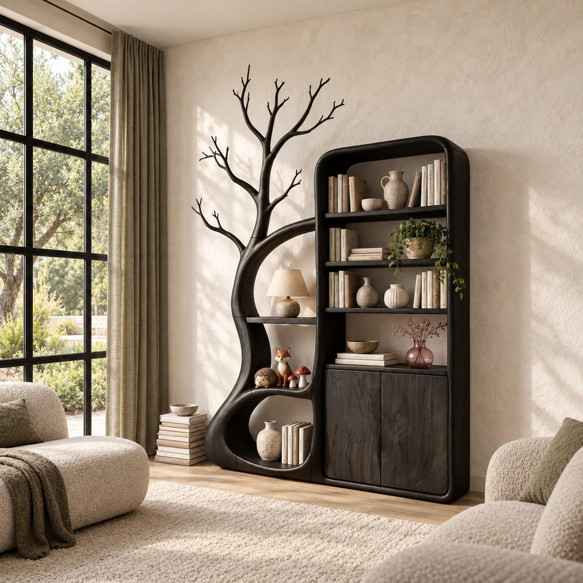 Rounded Bookcase Cabinet with Tree Branch Shelving, Tall Solid Wood Two-Door Storage for Reading Room
