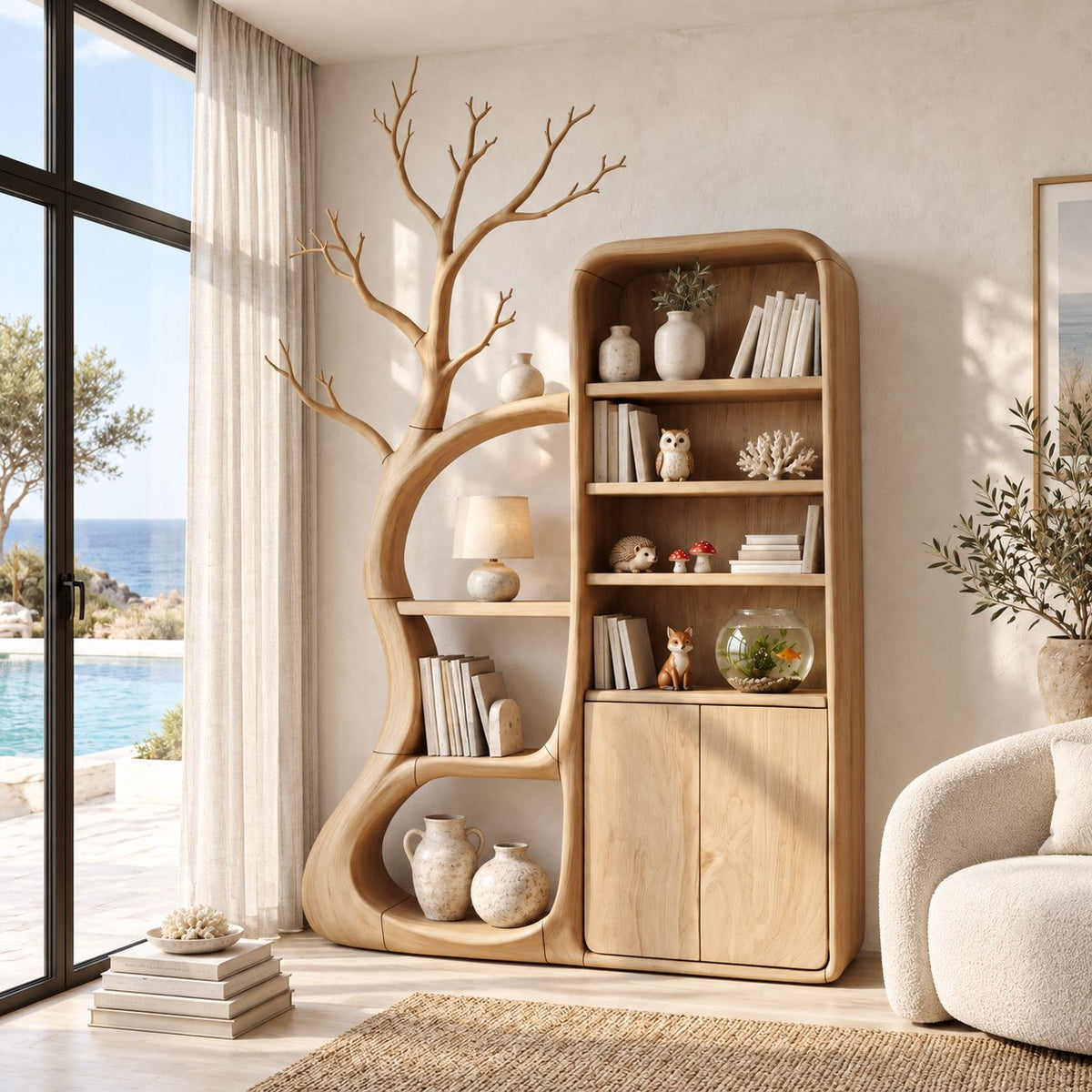 Rounded Bookcase Cabinet with Tree Branch Shelving, Tall Solid Wood Two-Door Storage for Reading Room