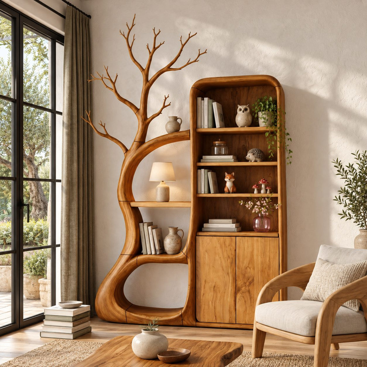 Rounded Bookcase Cabinet with Tree Branch Shelving, Tall Solid Wood Two-Door Storage for Reading Room