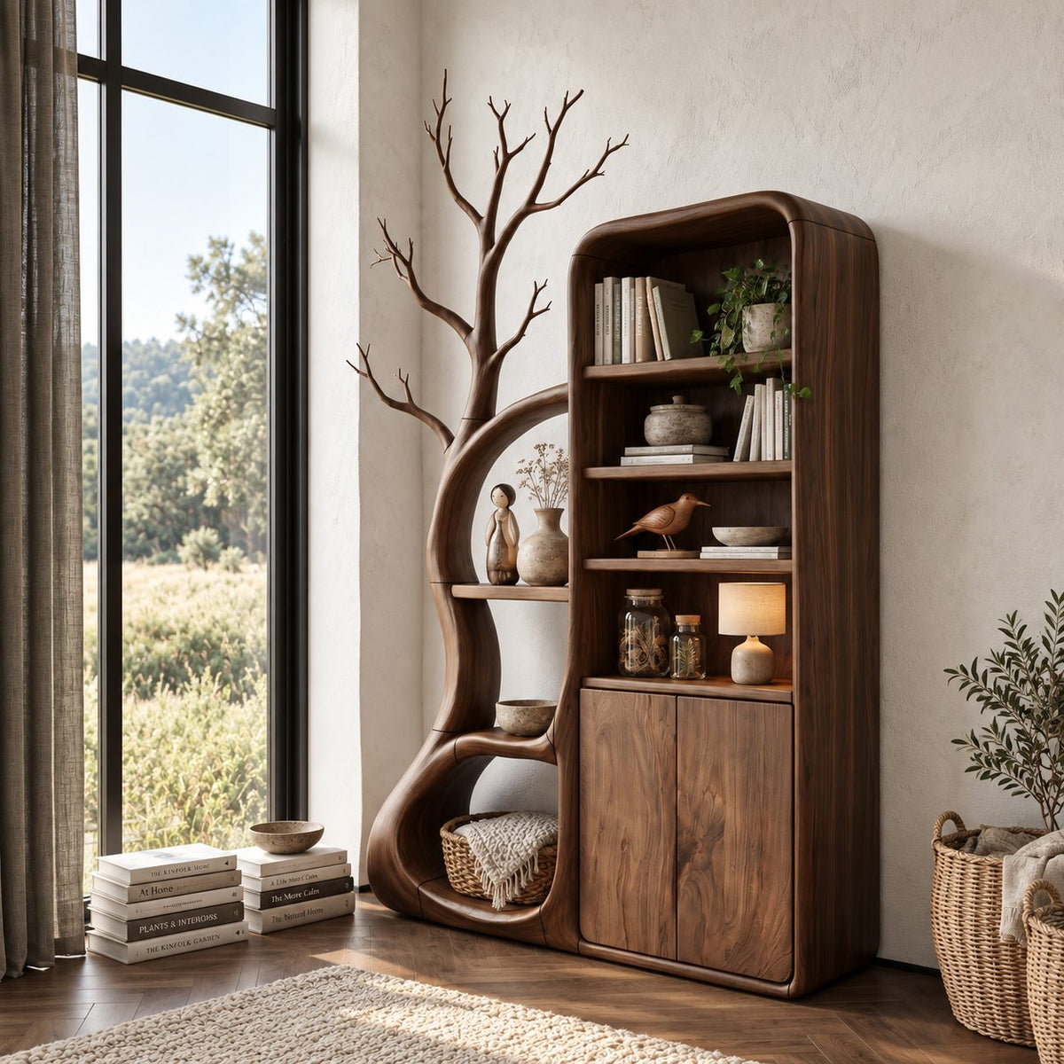 Rounded Bookcase Cabinet with Tree Branch Shelving, Tall Solid Wood Two-Door Storage for Reading Room