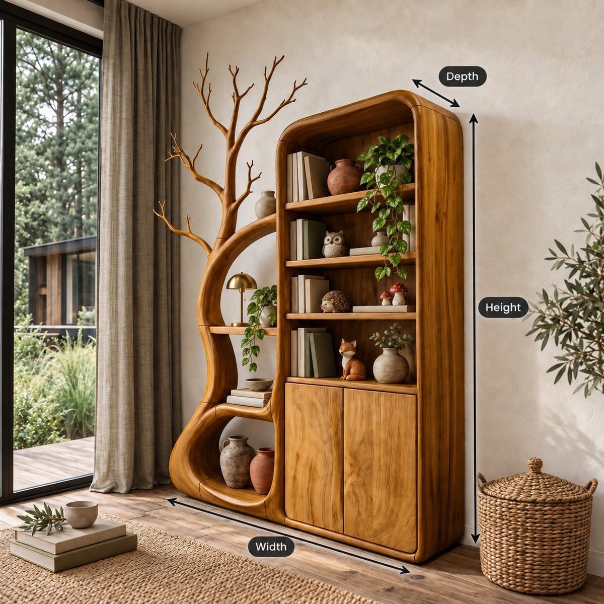 Rounded Bookcase Cabinet with Tree Branch Shelving, Tall Solid Wood Two-Door Storage for Reading Room