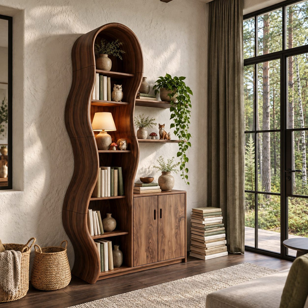 Wavy Bookcase Display Cabinet, Tall Solid Wood Storage with Undulating Frame, Two-Door Base and Wall Shelves