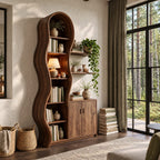 Wavy Bookcase Display Cabinet, Tall Solid Wood Storage with Undulating Frame, Two-Door Base and Wall Shelves