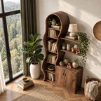 Wavy Bookcase Display Cabinet, Tall Solid Wood Storage with Undulating Frame, Two-Door Base and Wall Shelves