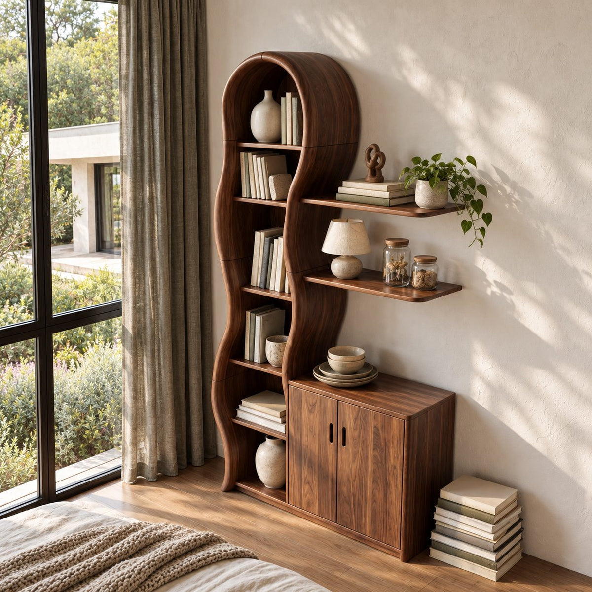 Wavy Bookcase Display Cabinet, Tall Solid Wood Storage with Undulating Frame, Two-Door Base and Wall Shelves