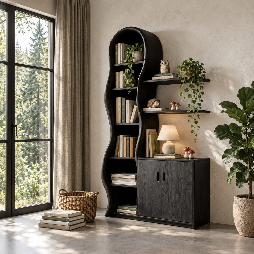 Wavy Bookcase Display Cabinet, Tall Solid Wood Storage with Undulating Frame, Two-Door Base and Wall Shelves