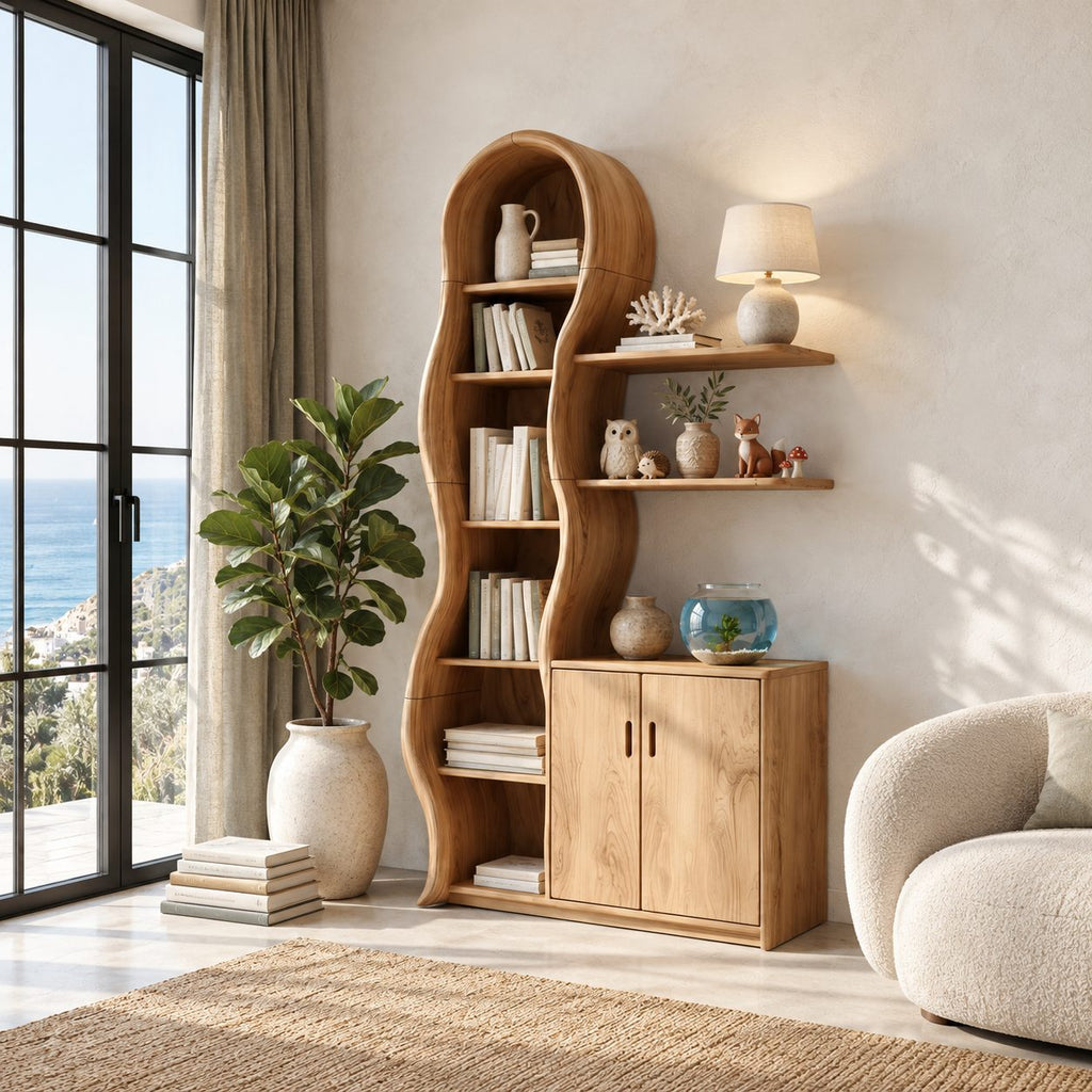 Wavy Bookcase Display Cabinet, Tall Solid Wood Storage with Undulating Frame, Two-Door Base and Wall Shelves
