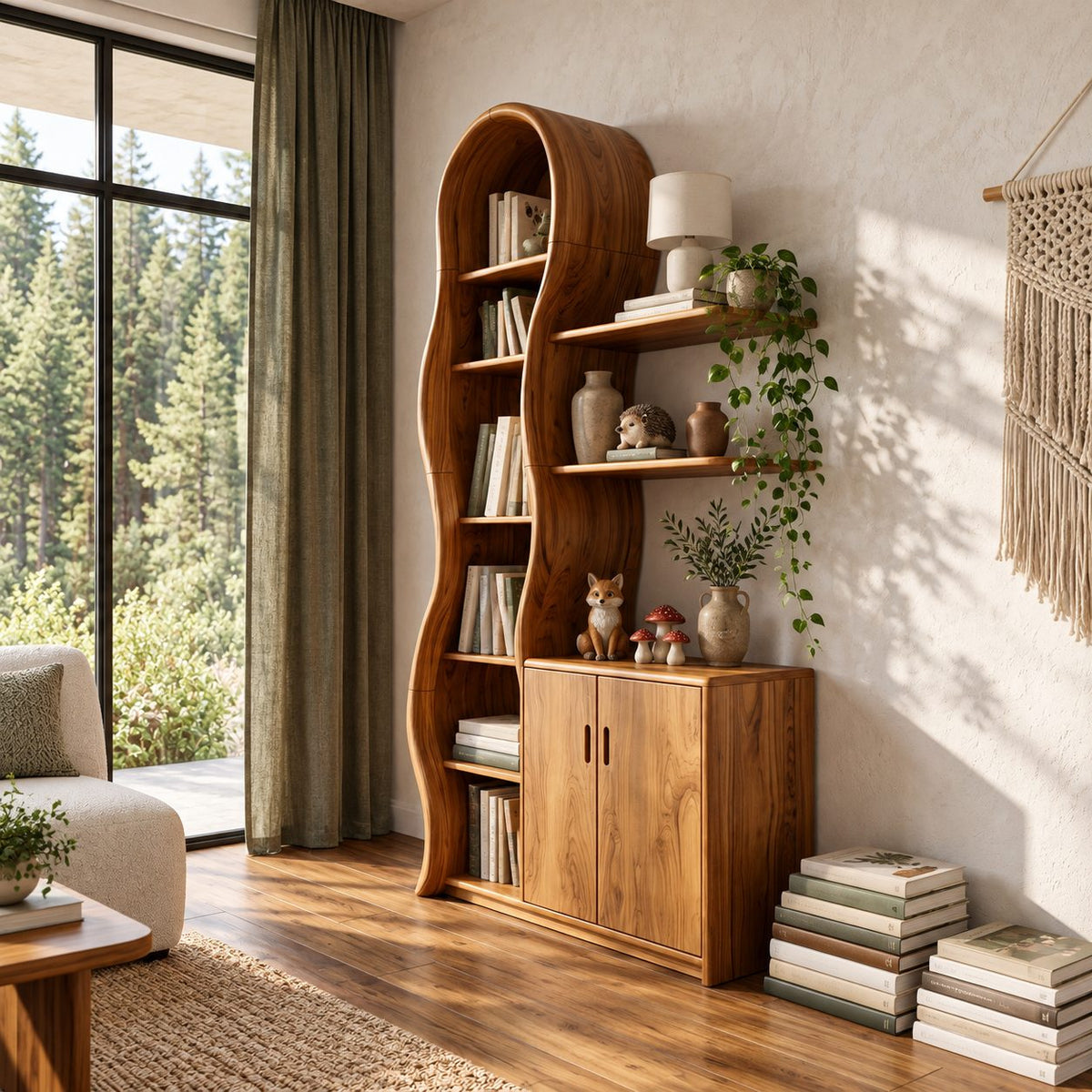 Wavy Bookcase Display Cabinet, Tall Solid Wood Storage with Undulating Frame, Two-Door Base and Wall Shelves