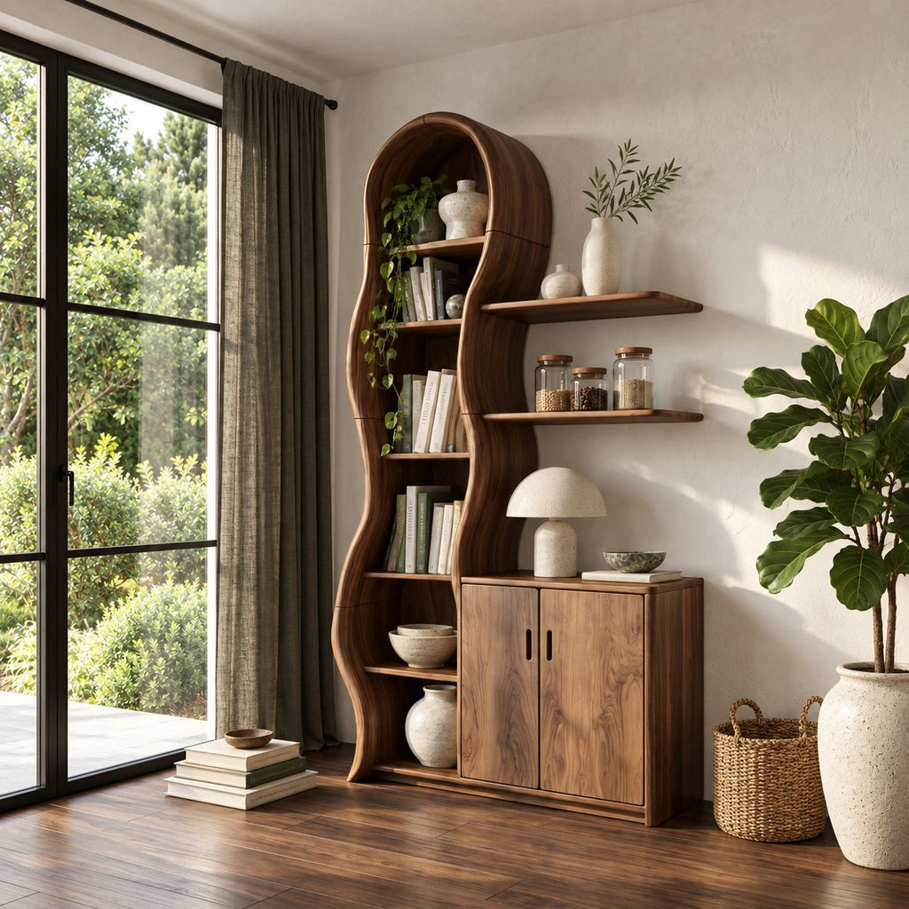 Wavy Bookcase Display Cabinet, Tall Solid Wood Storage with Undulating Frame, Two-Door Base and Wall Shelves