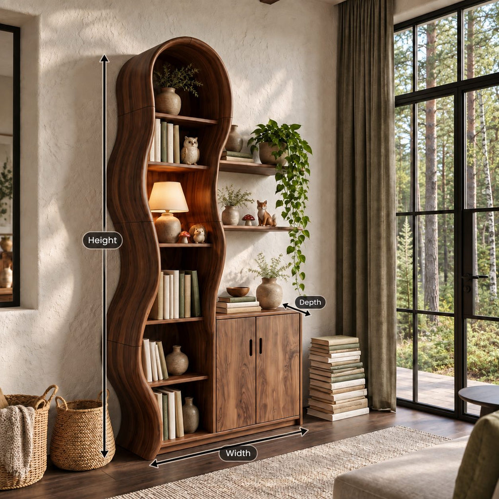 Wavy Bookcase Display Cabinet, Tall Solid Wood Storage with Undulating Frame, Two-Door Base and Wall Shelves