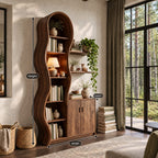 Wavy Bookcase Display Cabinet, Tall Solid Wood Storage with Undulating Frame, Two-Door Base and Wall Shelves