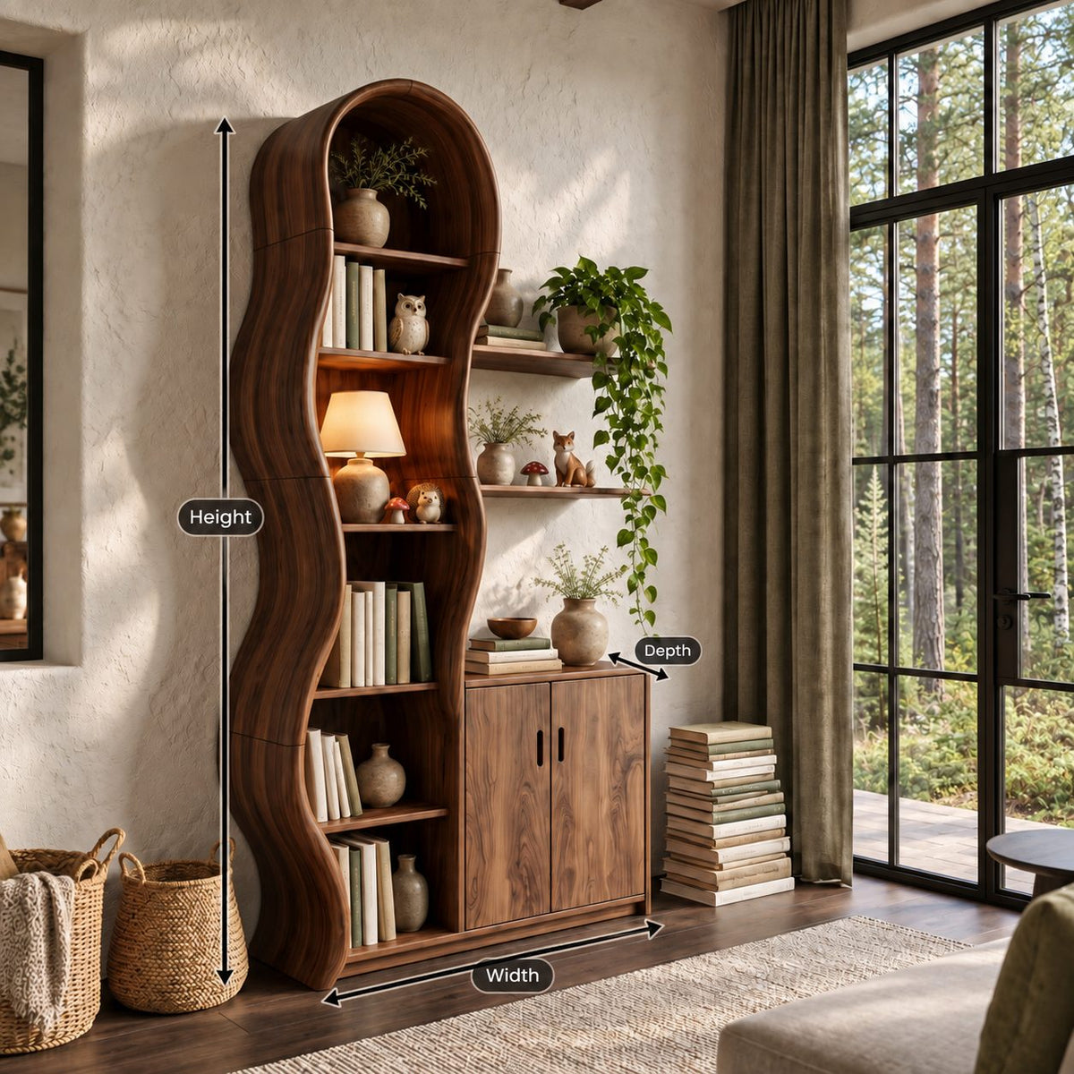 Wavy Bookcase Display Cabinet, Tall Solid Wood Storage with Undulating Frame, Two-Door Base and Wall Shelves