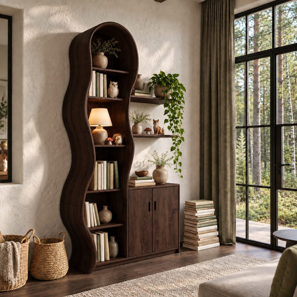 Wavy Bookcase Display Cabinet, Tall Solid Wood Storage with Undulating Frame, Two-Door Base and Wall Shelves