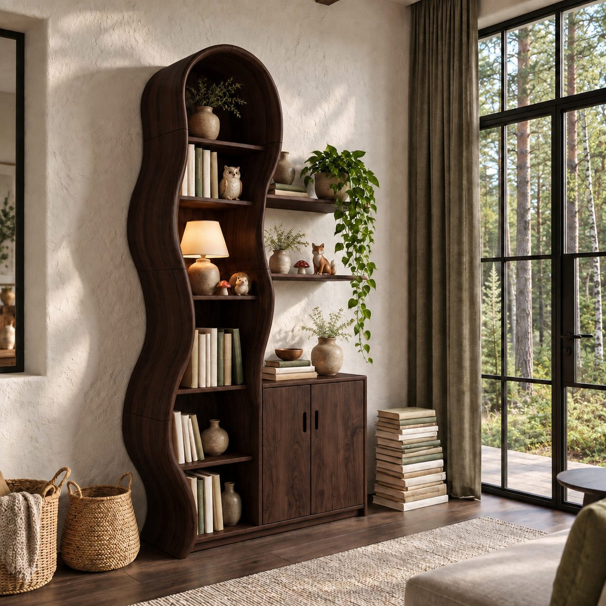 Wavy Bookcase Display Cabinet, Tall Solid Wood Storage with Undulating Frame, Two-Door Base and Wall Shelves