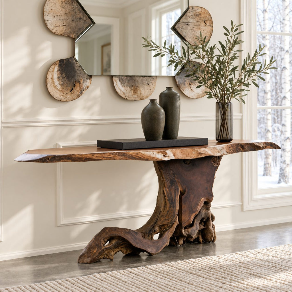 Live Edge Console Table on Tree Root Stump Base, Cantilevered Solid Wood Slab Entryway Table