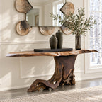 Live Edge Console Table on Tree Root Stump Base, Cantilevered Solid Wood Slab Entryway Table