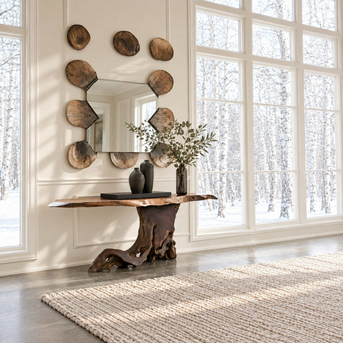 Live Edge Console Table on Tree Root Stump Base, Cantilevered Solid Wood Slab Entryway Table