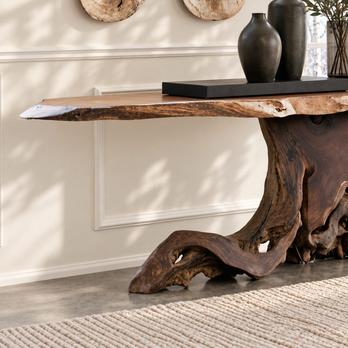 Live Edge Console Table on Tree Root Stump Base, Cantilevered Solid Wood Slab Entryway Table