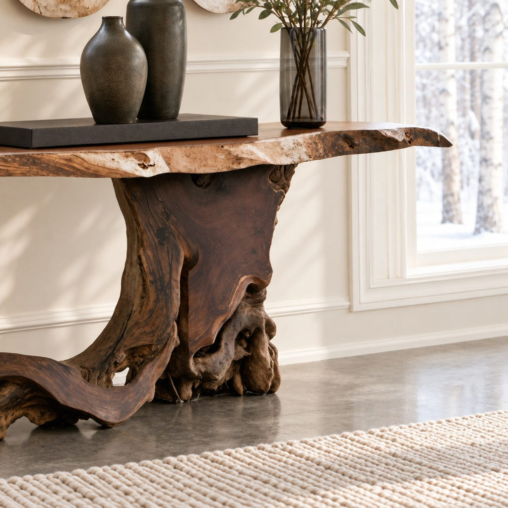 Live Edge Console Table on Tree Root Stump Base, Cantilevered Solid Wood Slab Entryway Table