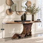Live Edge Console Table on Tree Root Stump Base, Cantilevered Solid Wood Slab Entryway Table