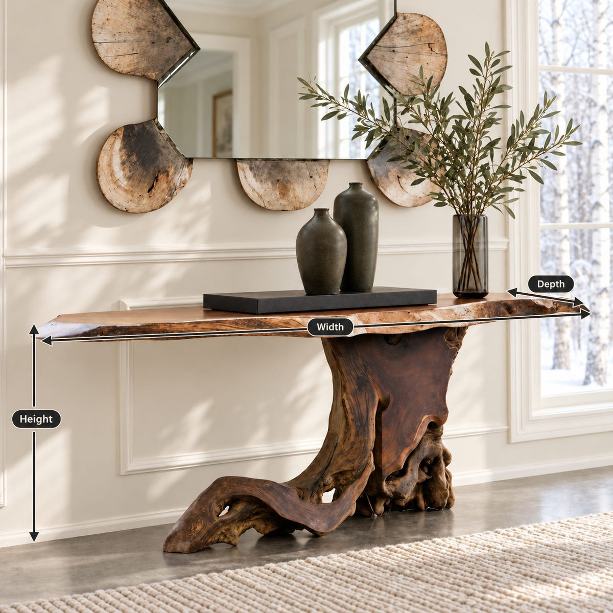 Live Edge Console Table on Tree Root Stump Base, Cantilevered Solid Wood Slab Entryway Table
