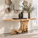 Live Edge Console Table on Tree Root Stump Base, Cantilevered Solid Wood Slab Entryway Table