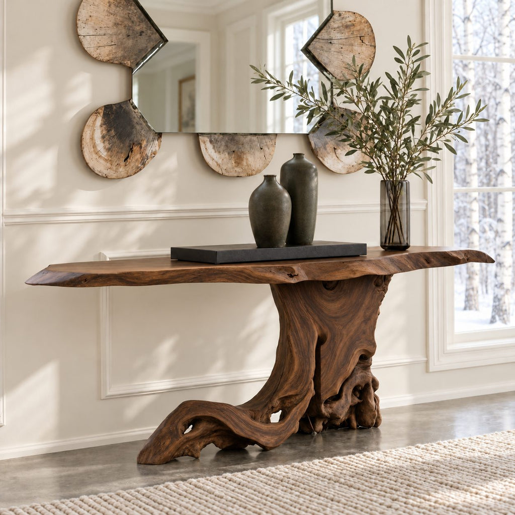 Live Edge Console Table on Tree Root Stump Base, Cantilevered Solid Wood Slab Entryway Table