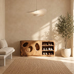 Shoe Cabinet with Organic Cutout Doors and Open Shoe Shelves, Solid Wood Entryway Shoe Storage