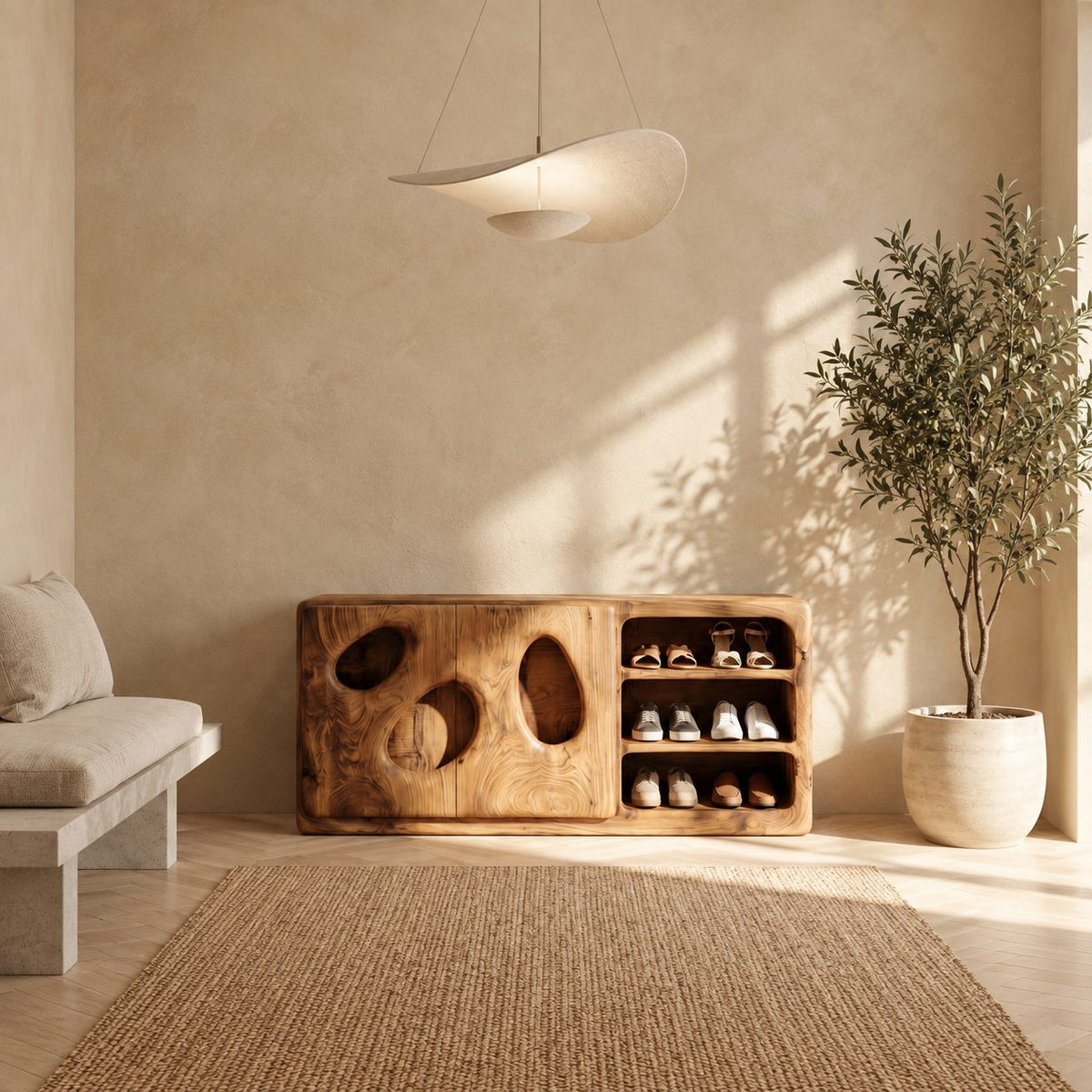 Shoe Cabinet with Organic Cutout Doors and Open Shoe Shelves, Solid Wood Entryway Shoe Storage