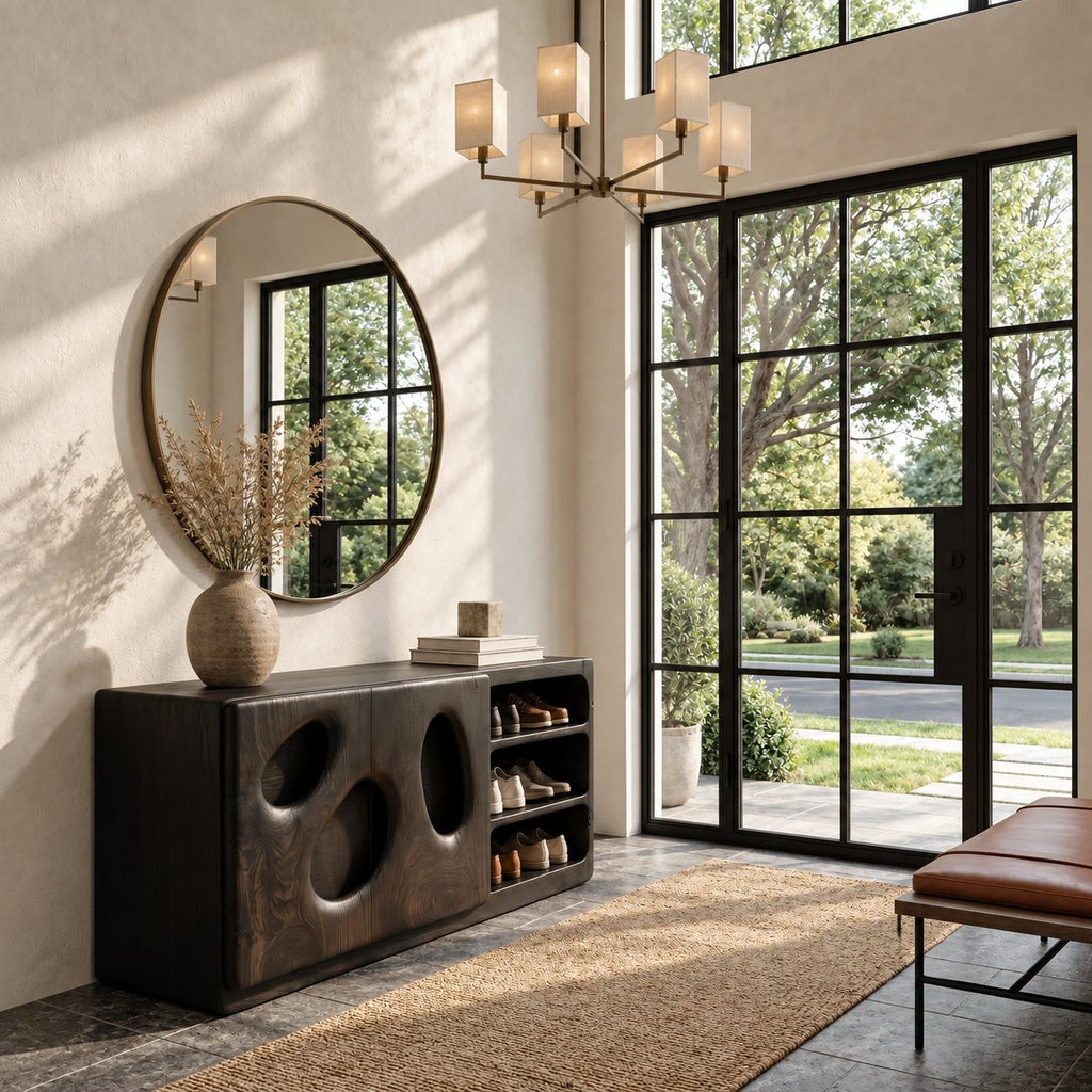 Shoe Cabinet with Organic Cutout Doors and Open Shoe Shelves, Solid Wood Entryway Shoe Storage
