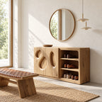 Shoe Cabinet with Organic Cutout Doors and Open Shoe Shelves, Solid Wood Entryway Shoe Storage