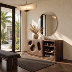 Shoe Cabinet with Organic Cutout Doors and Open Shoe Shelves, Solid Wood Entryway Shoe Storage
